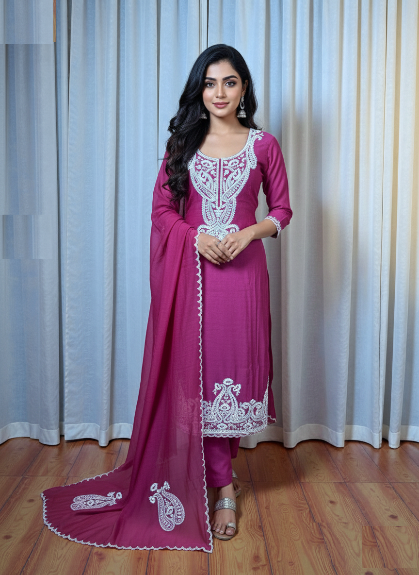 Magenta Pure Mulmul Chanderi Dori Pearl Embroidery Suit with Dupatta