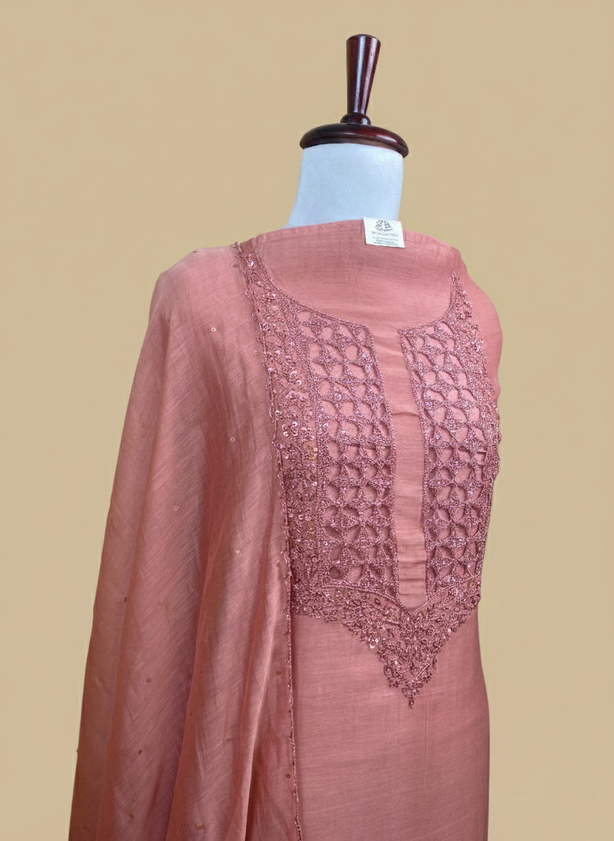 Mulmul Chanderi Sequence Thread and Pearl Embroidery Suit With Dupatta