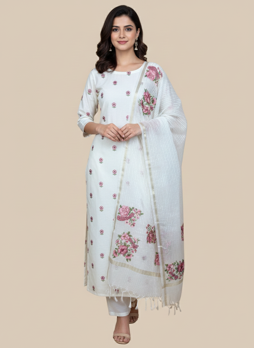 White Mulmul Chanderi with Floral Embroidery Suit