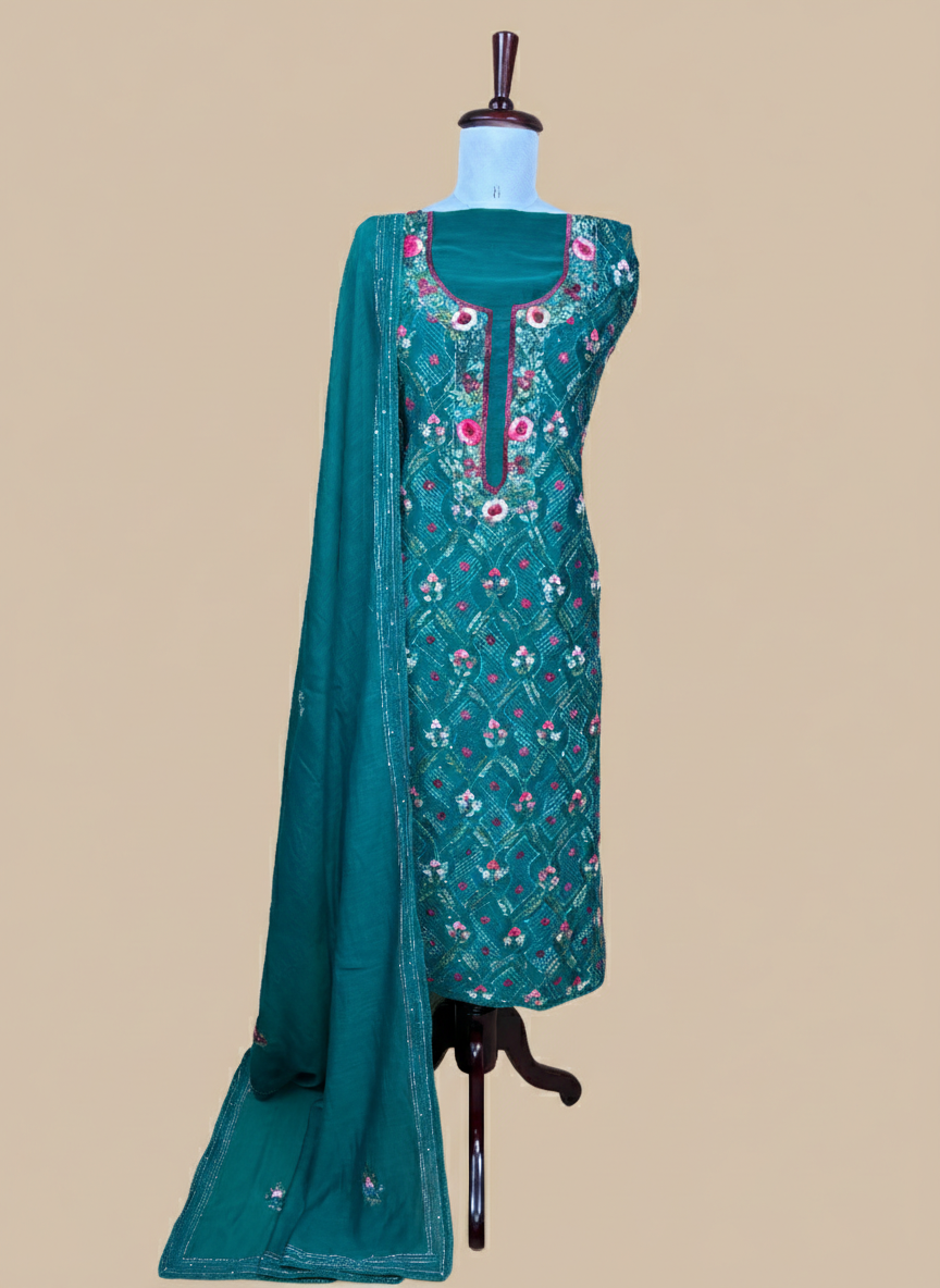 Pure Mulmul Chanderi Multicolor Kantha Hand Embroidery Suit