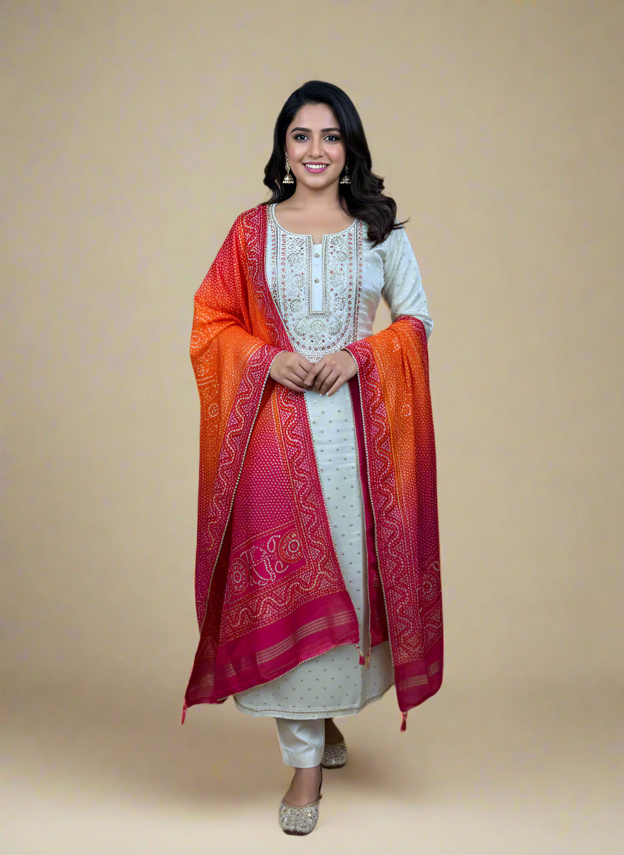 Ivory Silk Suit with Vibrant Bandhani Dupatta