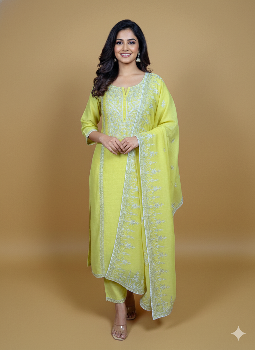 Yellow Mulmul Chanderi Sequence Dori Embroidery Suit