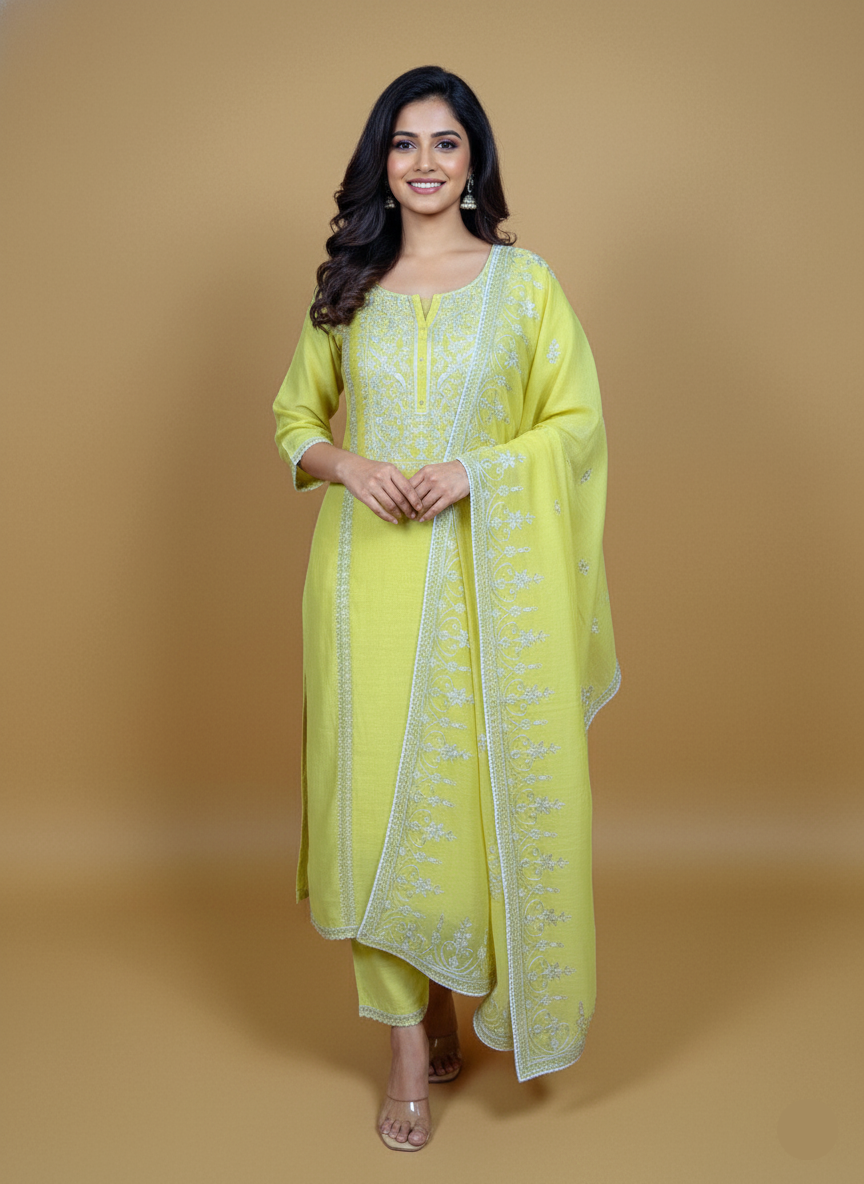 Yellow Mulmul Chanderi Sequence Dori Embroidery Suit