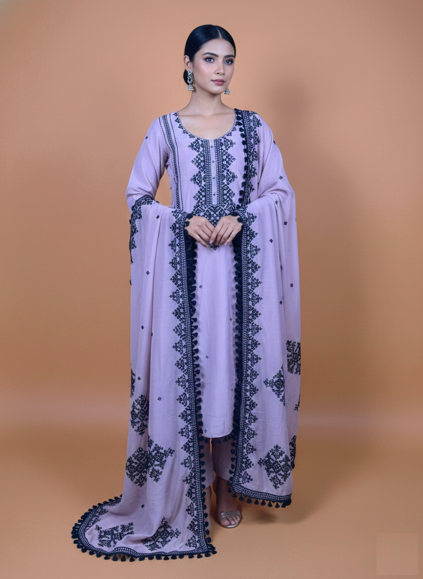 Mulmul Chanderi with Black Embroidery Suit