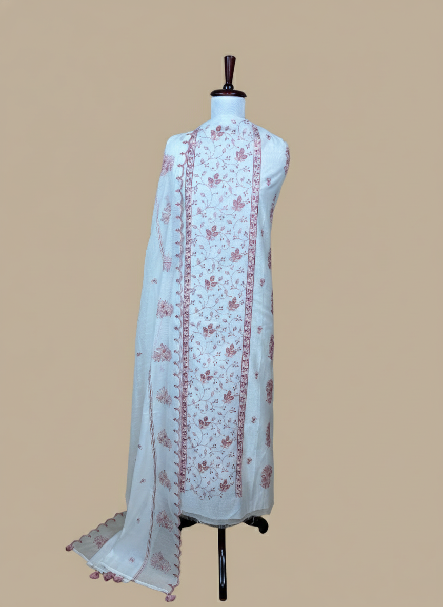 White Mulmul Chanderi Thread Embroidery Suit