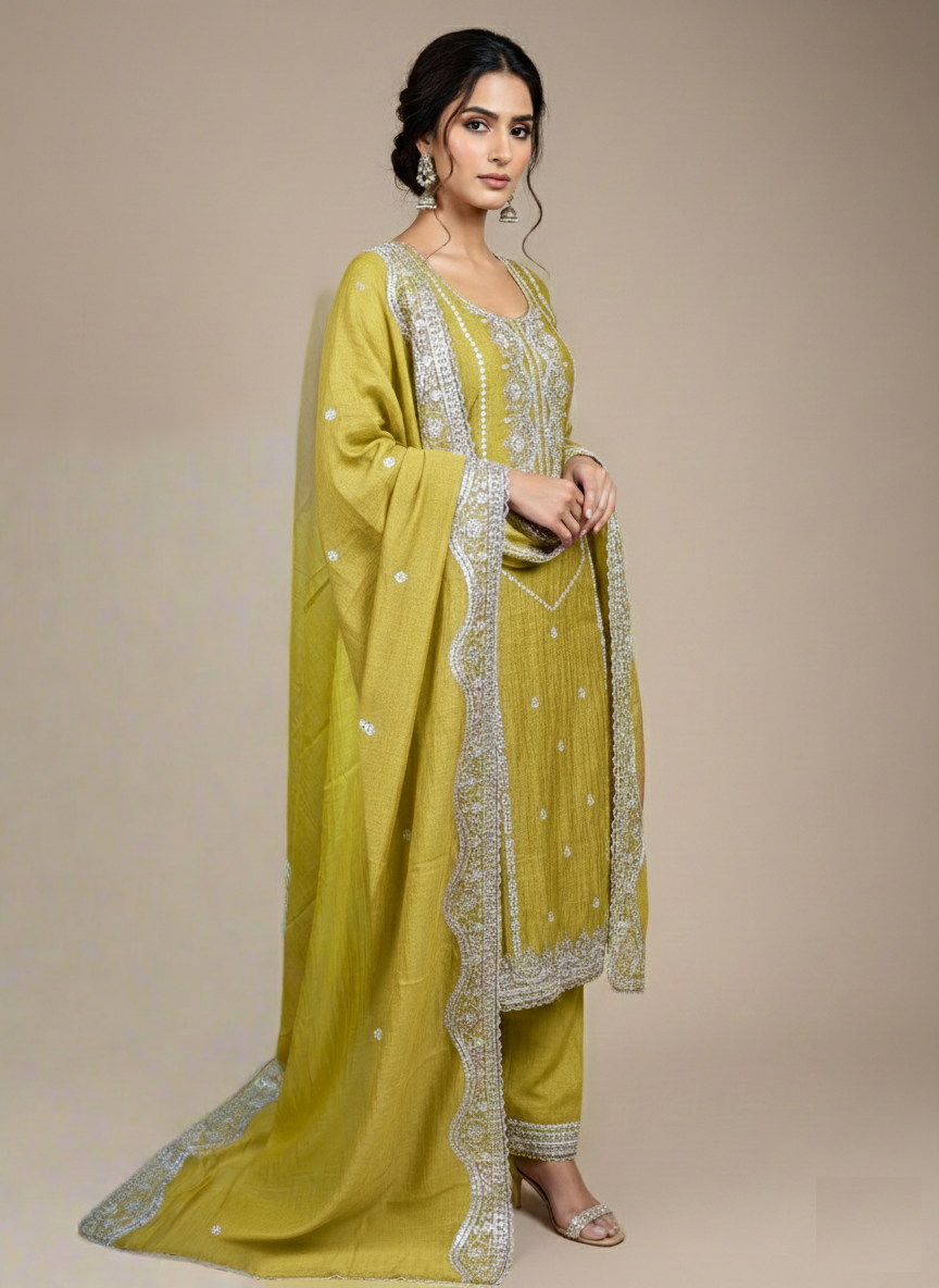 Mulmul Chanderi Sequins Embroidery Suit with Dupatta