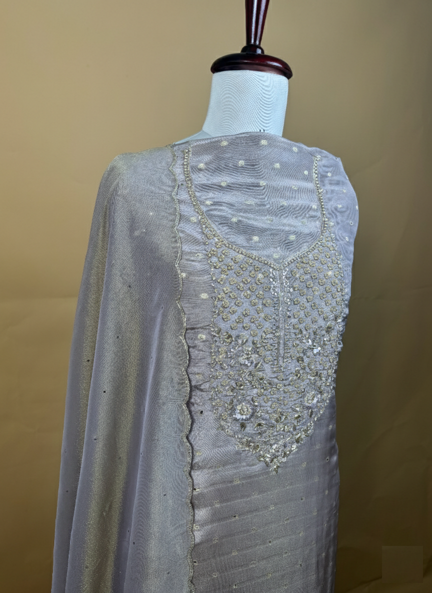 Pure Tissue with Banarasi Weave and Bead,Pearl and Zardozi Embroidery Suit