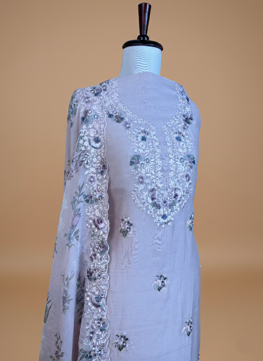 Mulmul Chanderi Embroidery Suit with Printed floral Organza Dupatta
