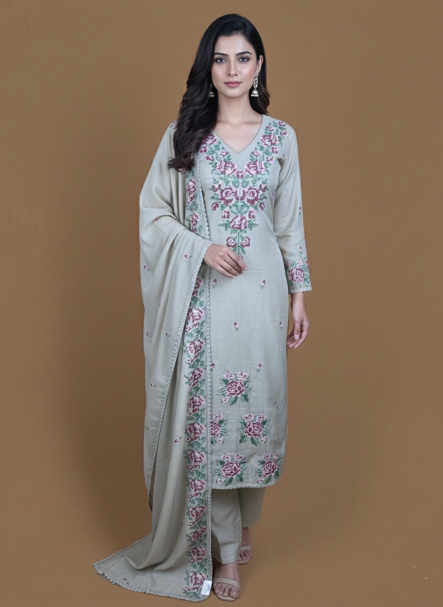 Mulmul Chanderi Cross Stitched Multi Thread Embroidery Suit