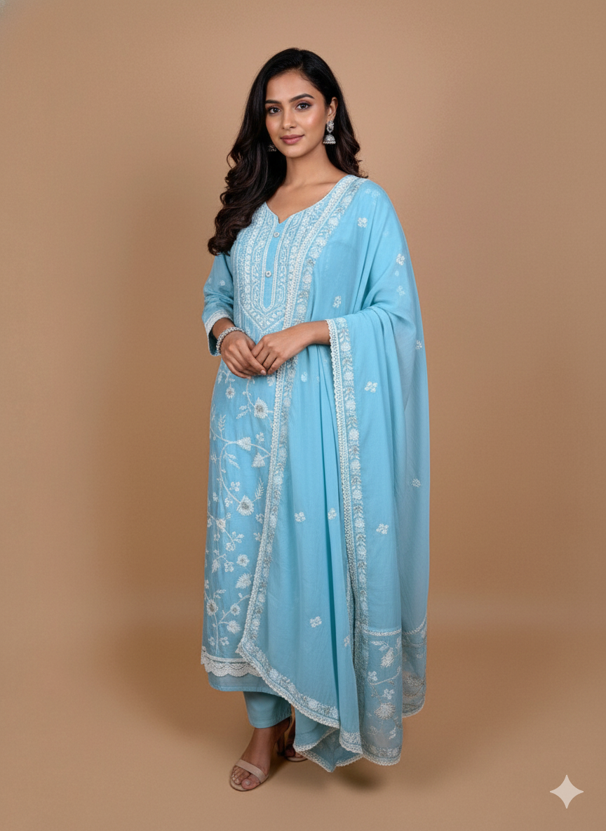 Mulmul Chanderi Thread and Pearl Embroidery Suit