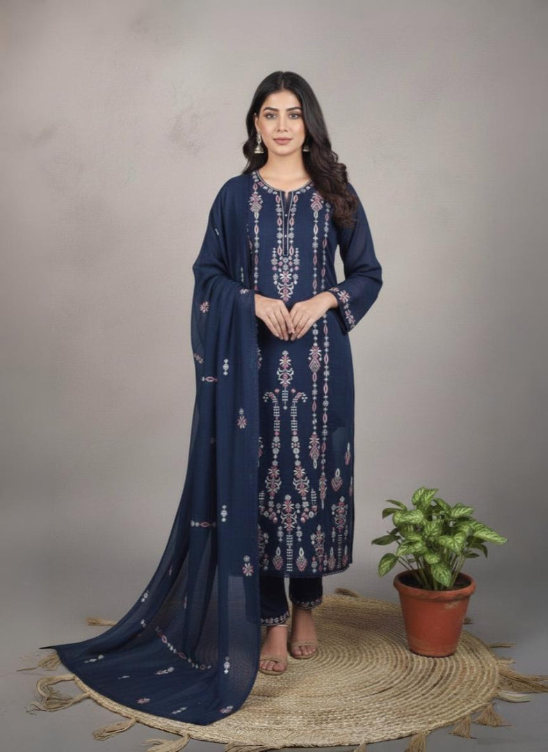 Mulmul Chandari Cross Stitched Thread Embroidery Suit with Dupatta
