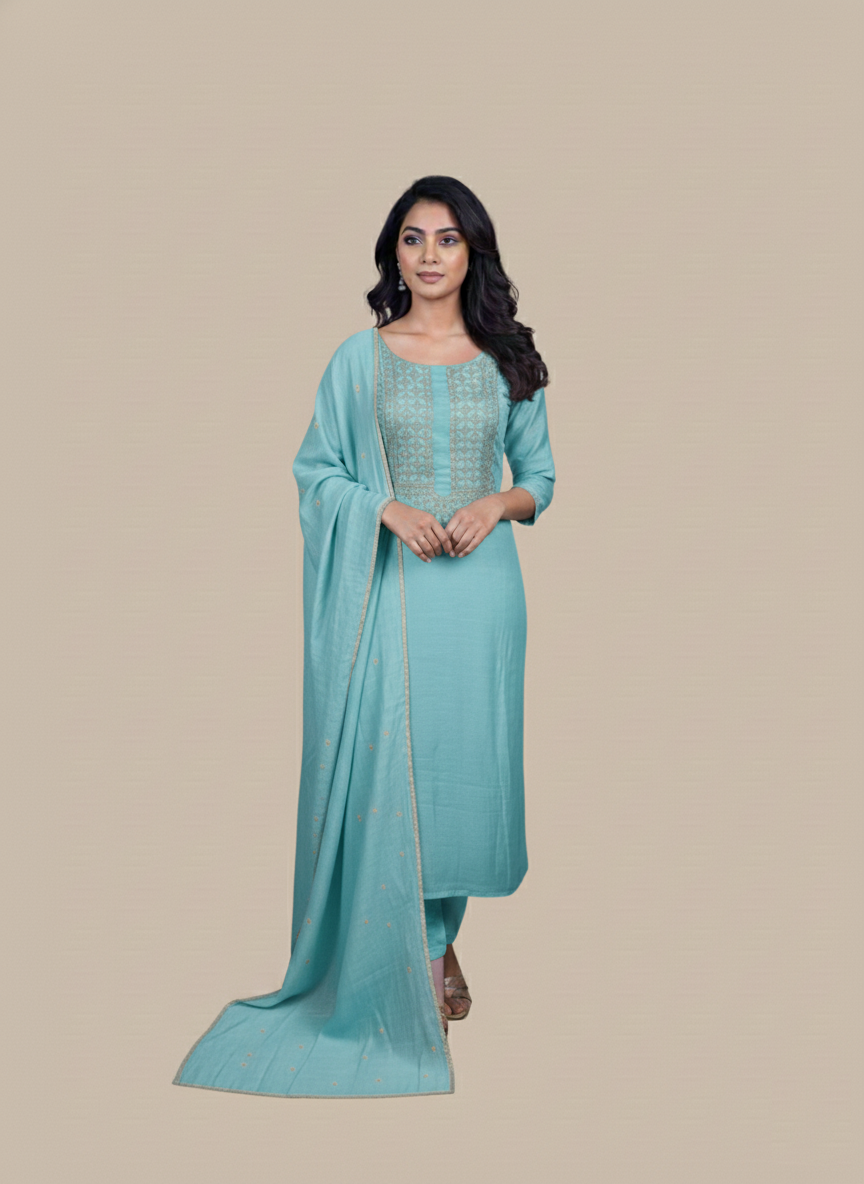 Mulmul Chanderi Sequence Thread and Pearl Embroidery Suit With Dupatta