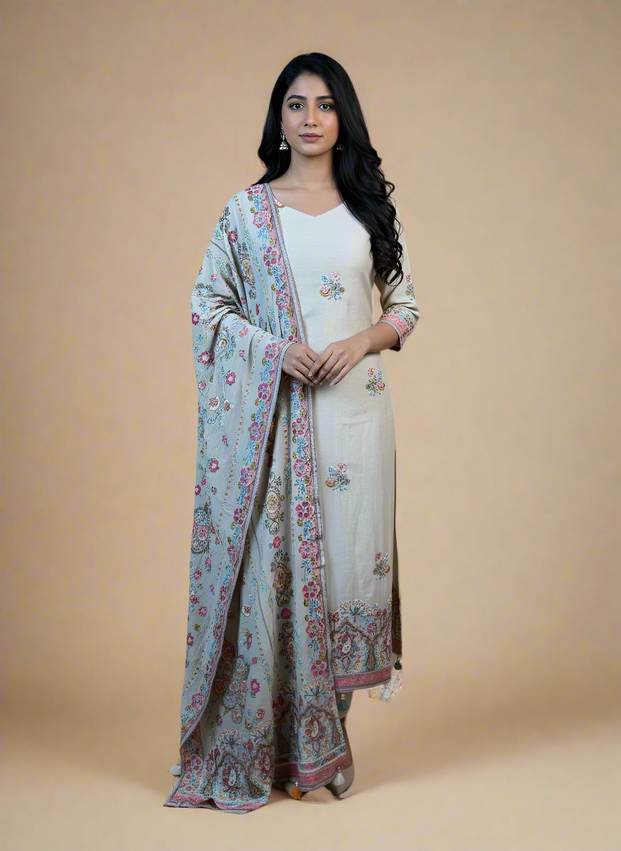 Beige Mulmul Chanderi Aari Embroidery Suit with Dupatta