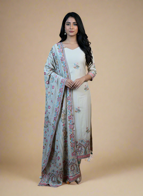 Beige Mulmul Chanderi Aari Embroidery Suit with Dupatta