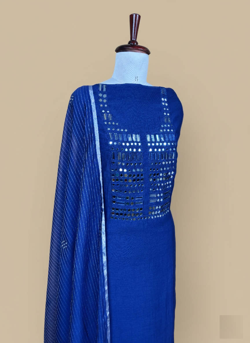 Pure Mulmul Chanderi Mirror and Thread Embroidery Suit Set