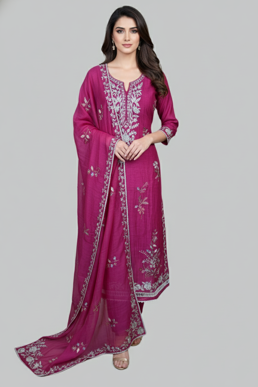 Magenta Pure Mulmul Chanderi Zari Aari Embroidery Suit with Dupatta