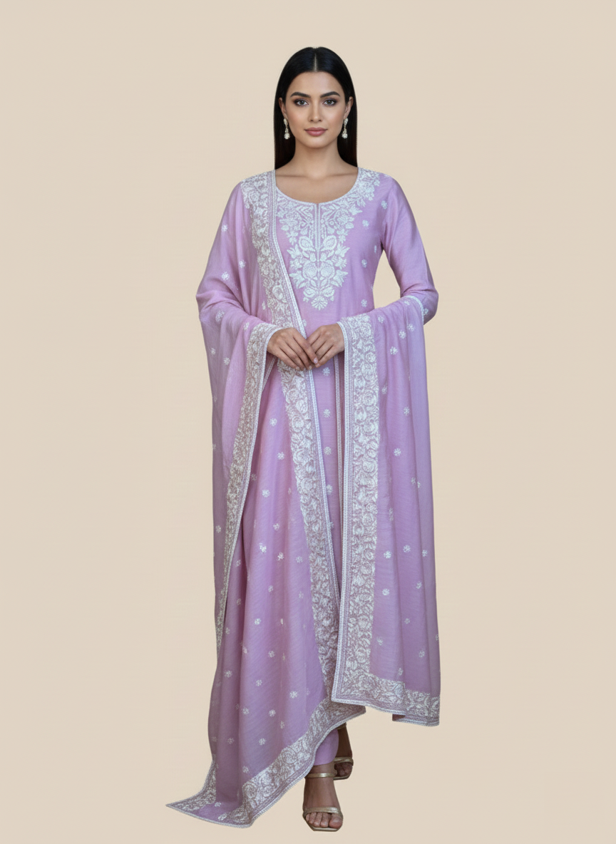 Pink Mulmul Chanderi Thread Embroidery Suit with Dupatta