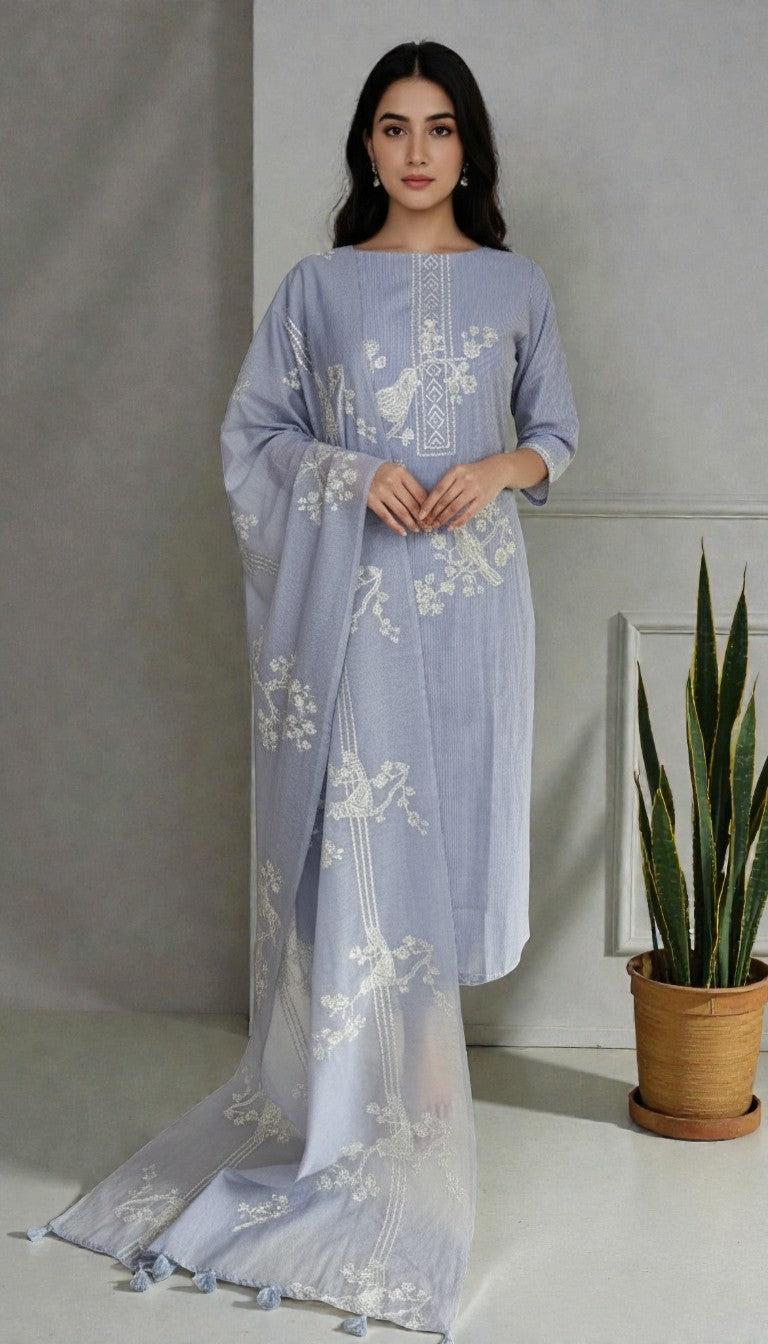 Pure Mulmul Chanderi with stripes and birds embroidery Suit