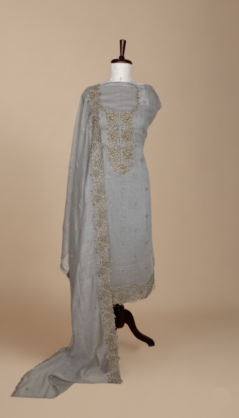 Pure Mulmul Chanderi Unstitched Suit With Sequence Highlights Embroidery