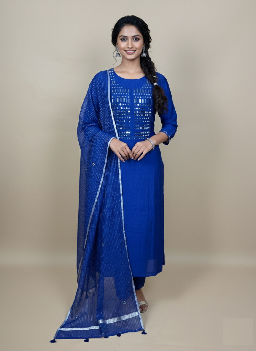 Pure Mulmul Chanderi Mirror and Thread Embroidery Suit Set