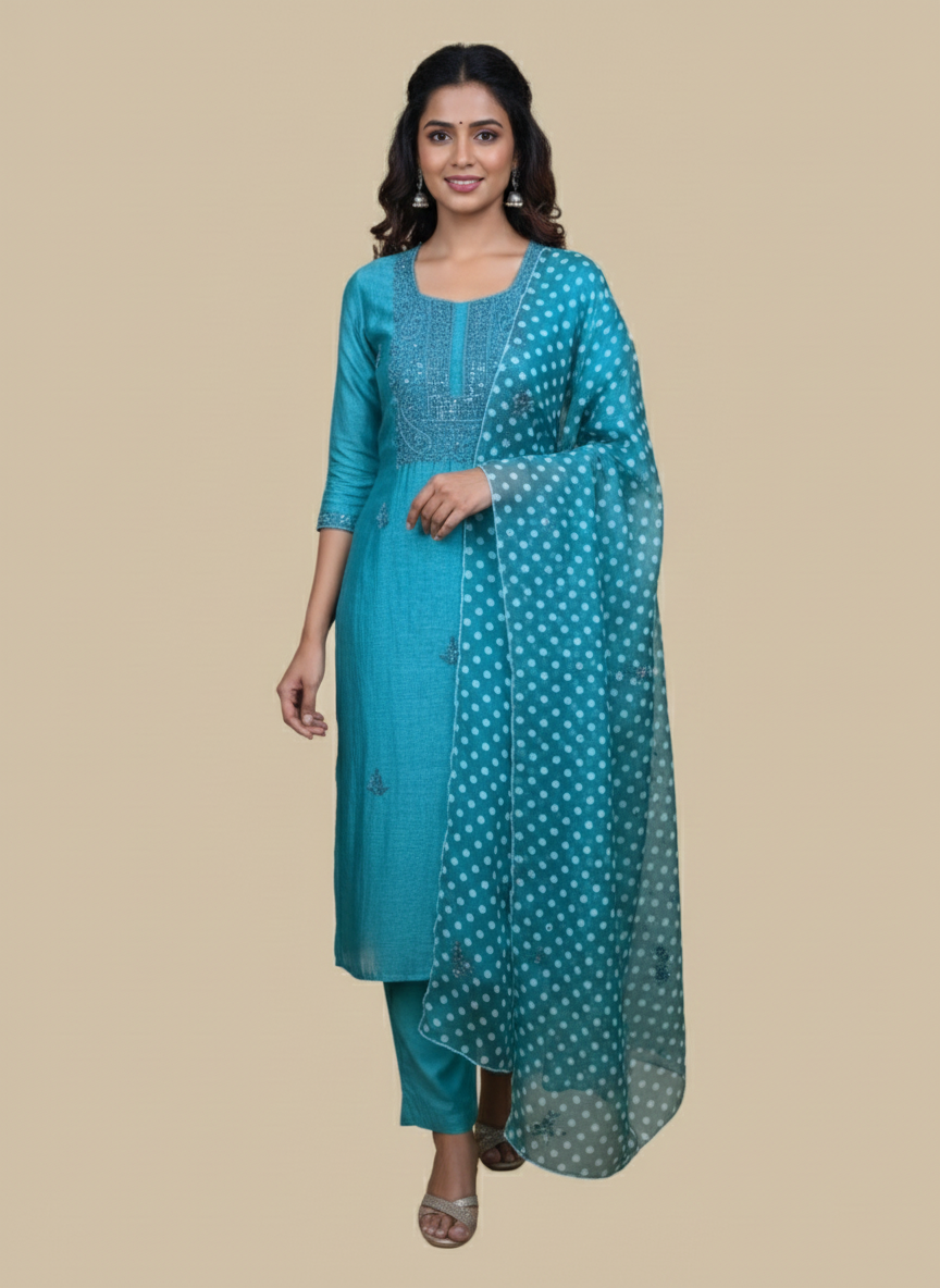 Mulmul Chanderi Thread Embroidery Suit Pearl Work on Dupatta