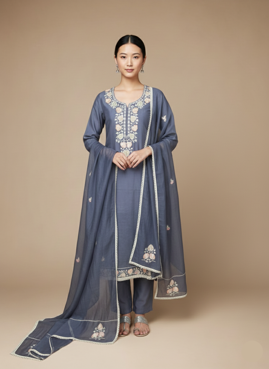 Mulmul Chanderi Suit with Kashmiri Embroidery