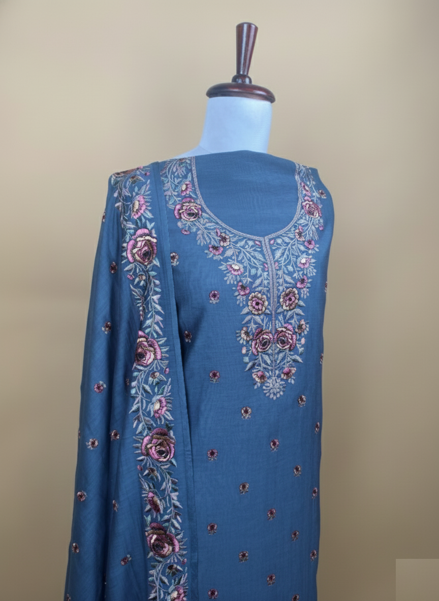 Pure Mulmul Chanderi Sequence work with thread Embroidery Suit