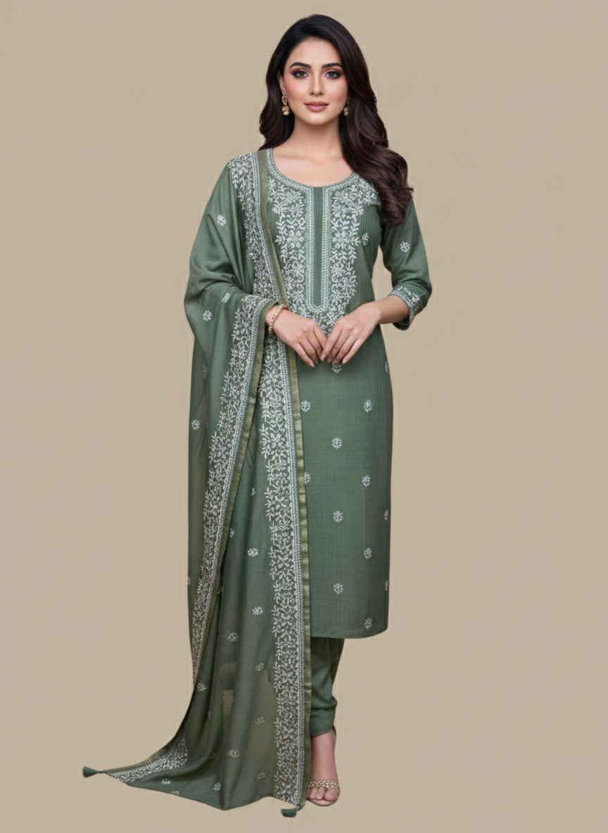 Mulmul Chanderi Sequence and floral work Embroidery Suit