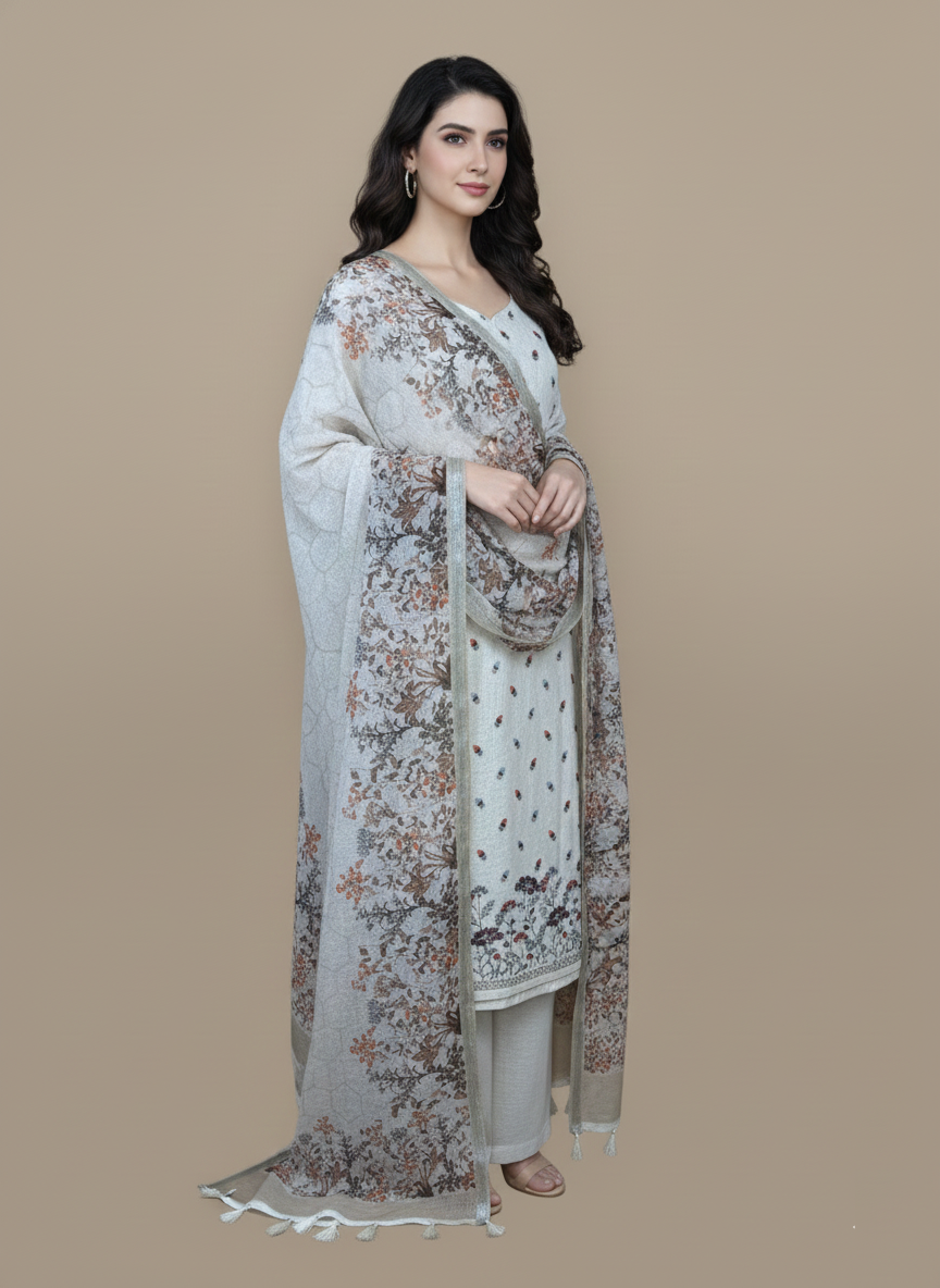 Cream Linen with  Embroidery and Floral Printed Dupatta