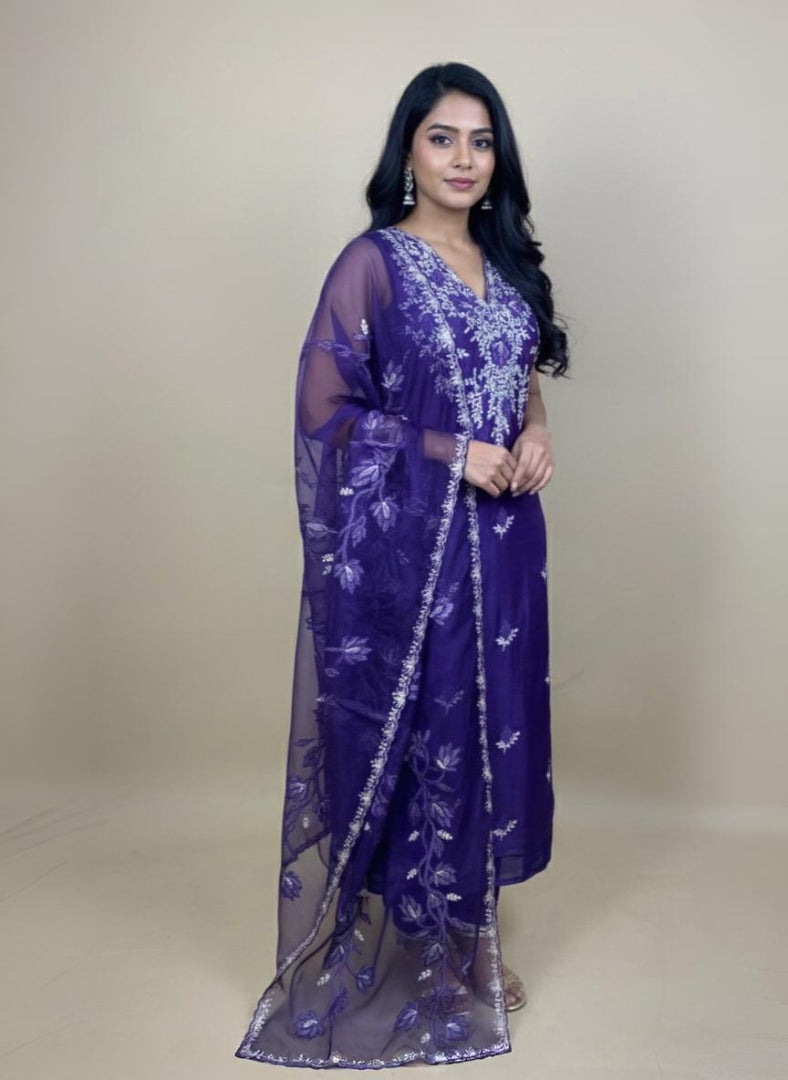 Pure Organza with Pitta Applique leaves Embroidery Suit