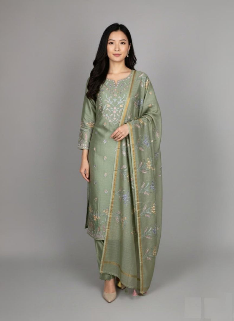 Light Green Mulmul Chanderi floral embroidery Suit