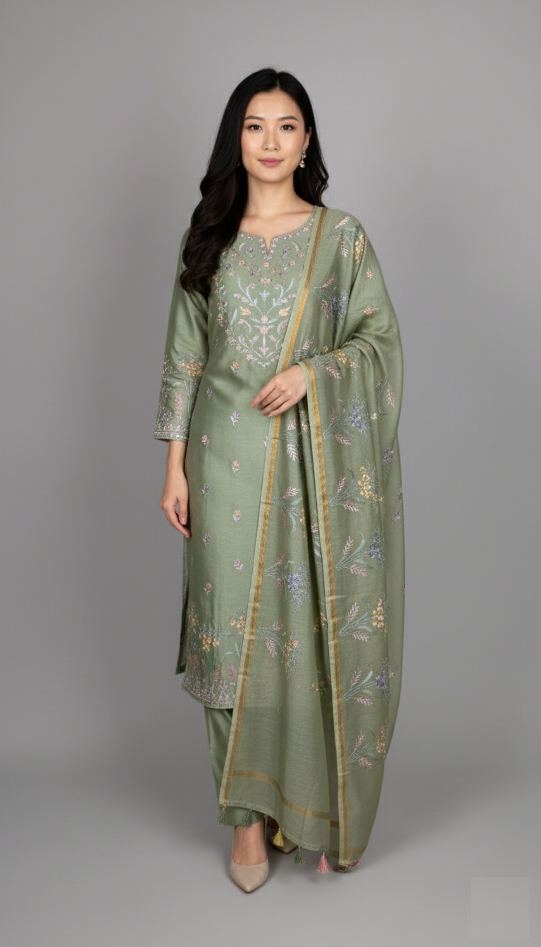 Light Green Mulmul Chanderi floral embroidery Suit