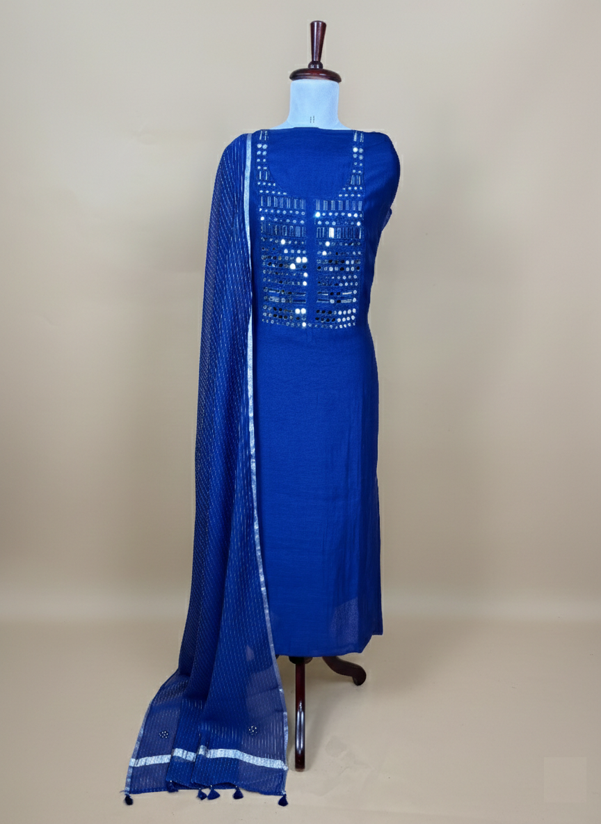 Pure Mulmul Chanderi Mirror and Thread Embroidery Suit Set