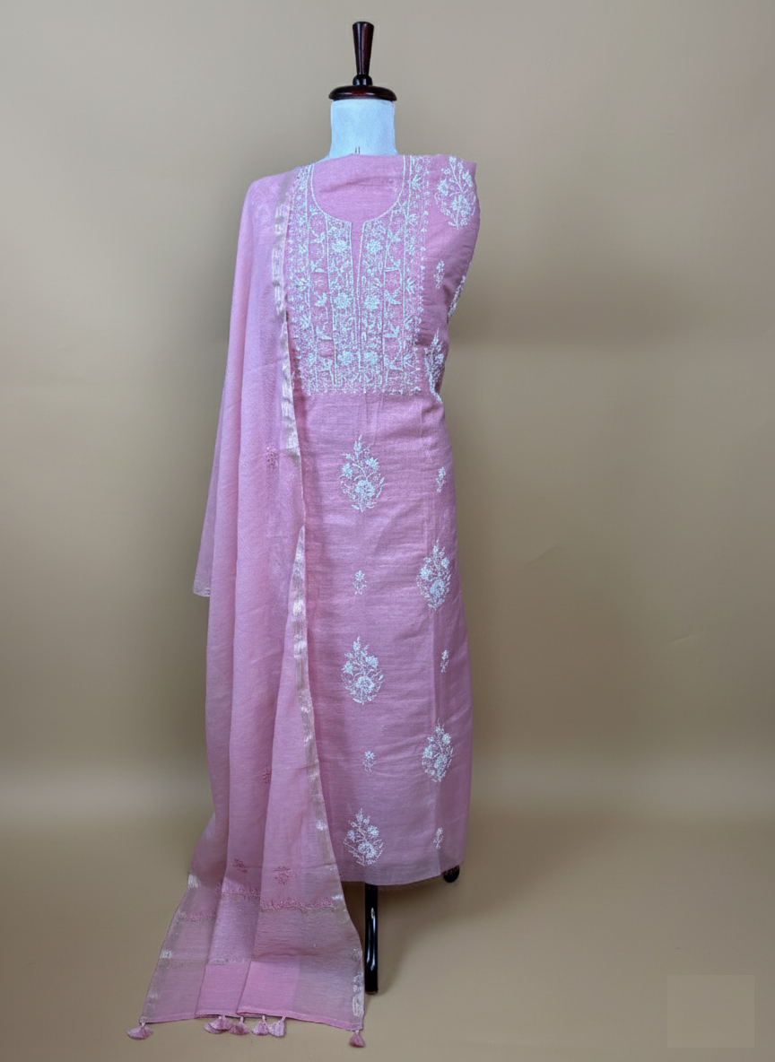 Pink Mulmul Luckhnavi with Pearl Sequence Highlight