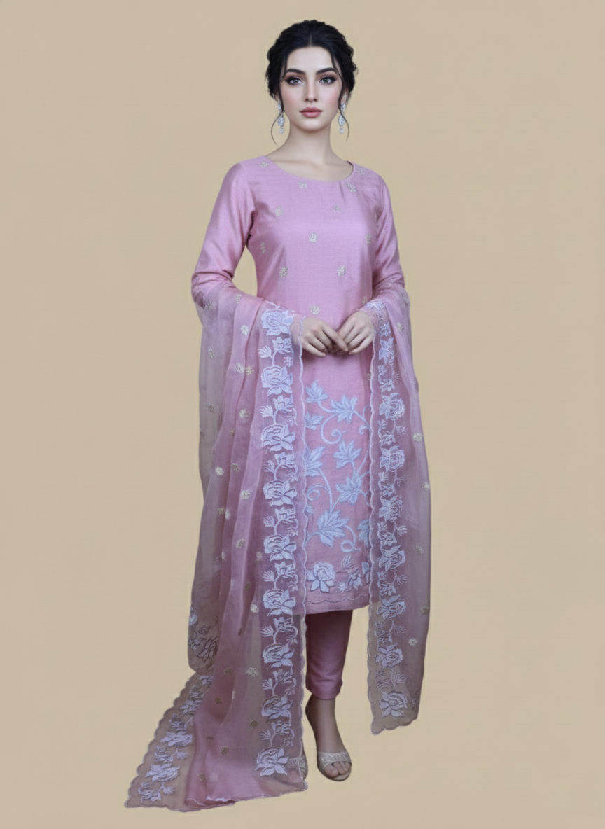 Peach Mulmul Chanderi Floral Applique Embroidery Suit With Dupatta