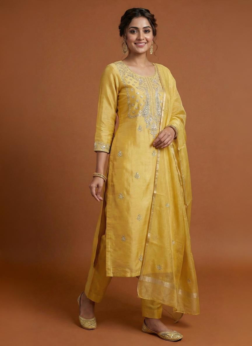 Mango Yellow Pure Tissue with Gotta Patti Embroidery Suit