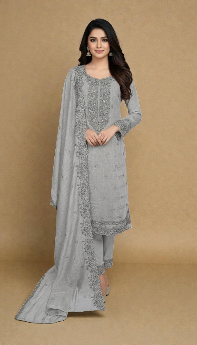 Pure Mulmul Chanderi Suit With Sequence Highlights Embroidery