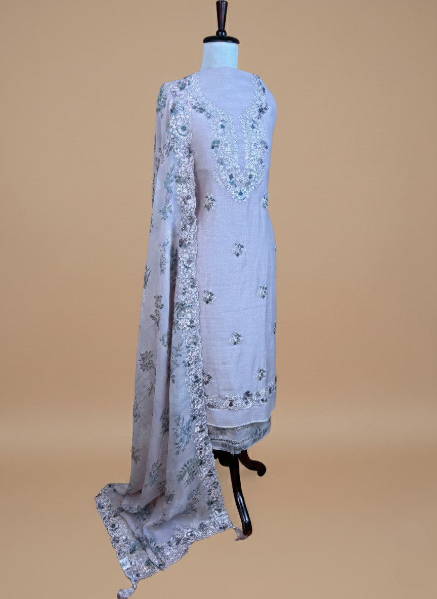 Mulmul Chanderi Embroidery Suit with Printed floral Organza Dupatta