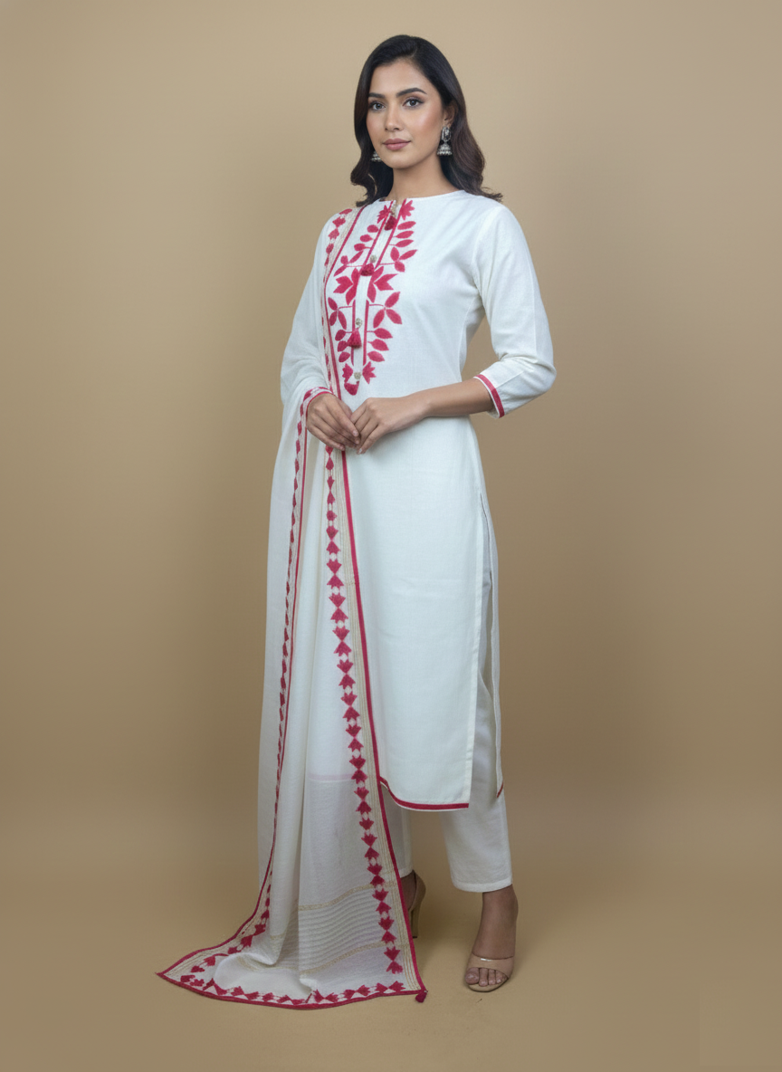 White Mulmul Chanderi Applique Embroidery Suit with Dupatta