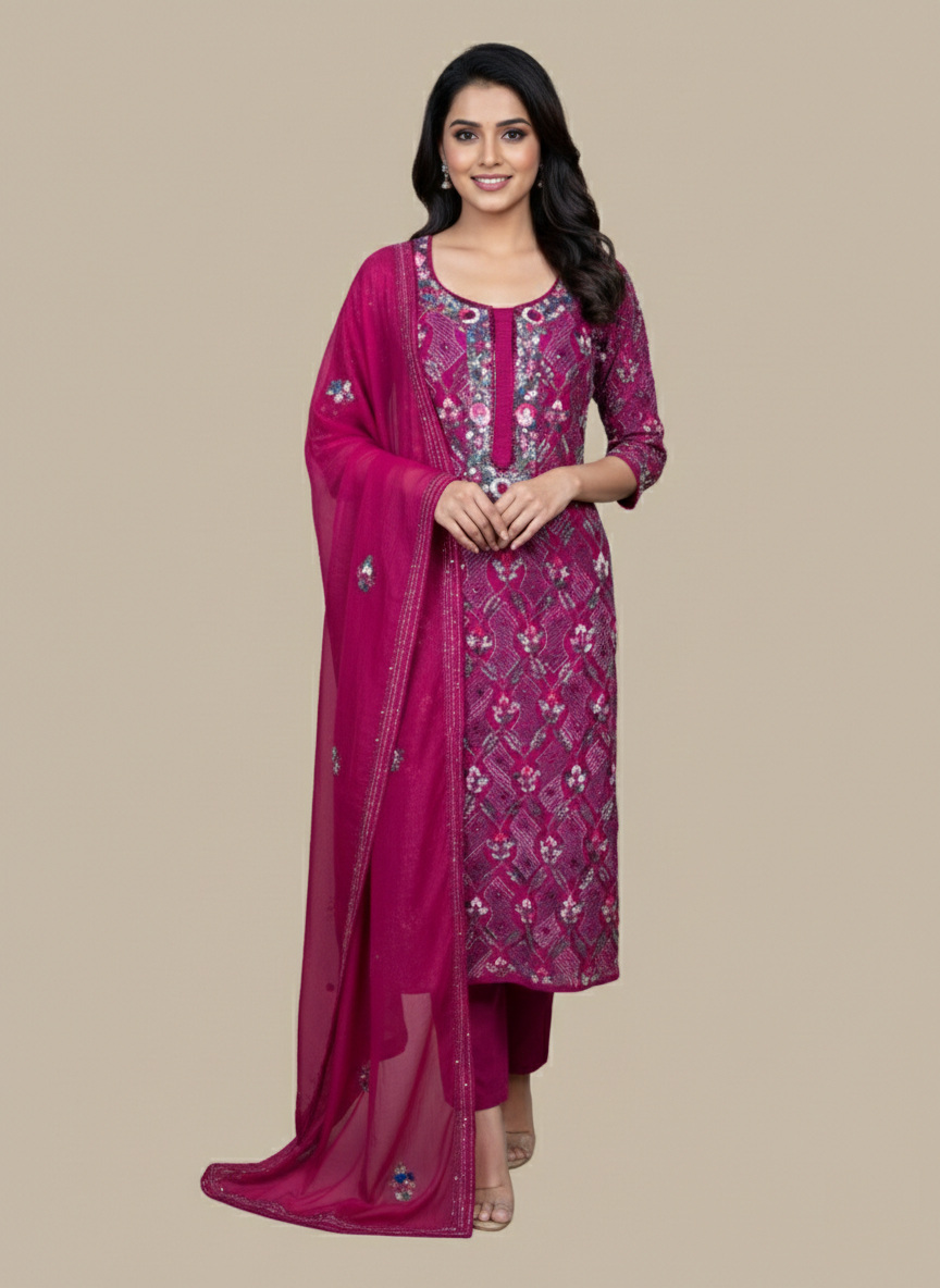 Pure Mulmul Chanderi Multicolor Kantha Hand Embroidery Suit