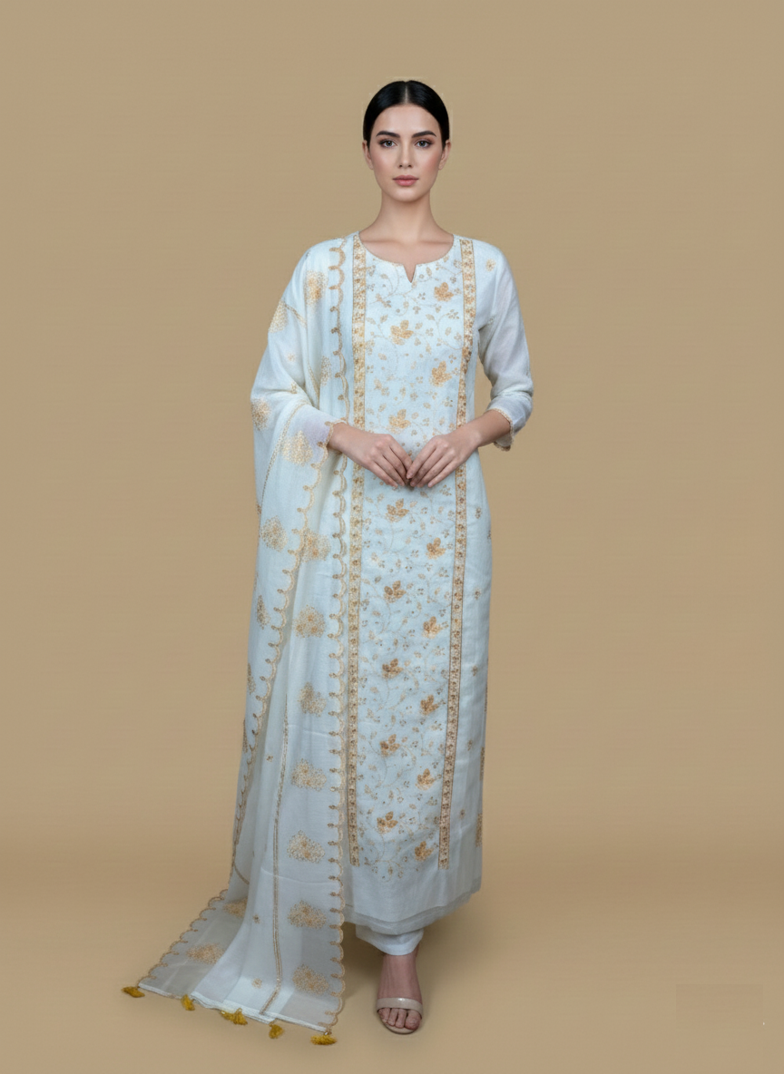 White Mulmul Chanderi Thread Embroidery Suit