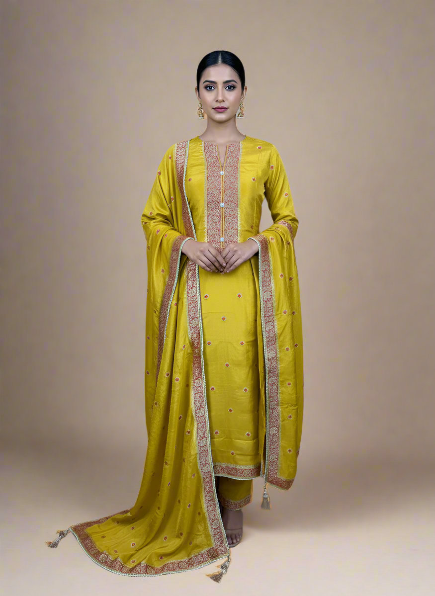 Mustard Yellow Zari-Woven Silk Suit with Floral Border