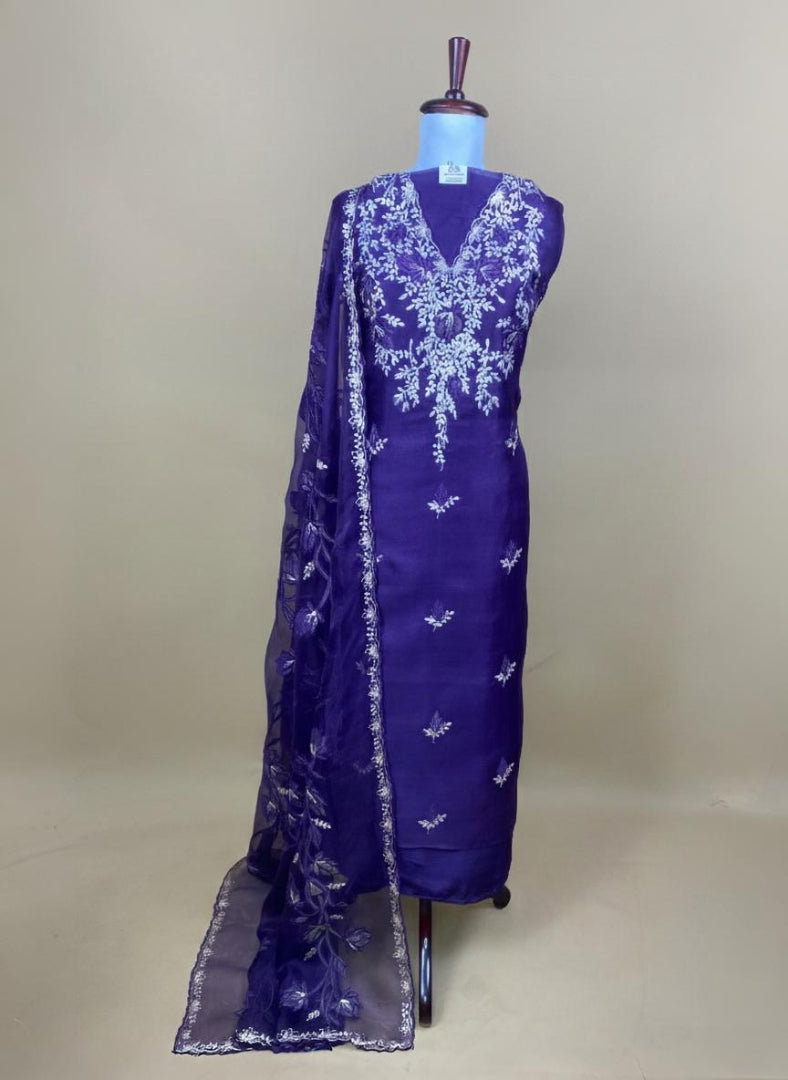 Pure Organza with Pitta Applique leaves Embroidery Suit