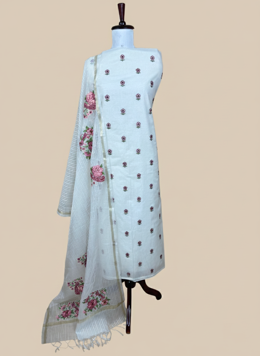White Mulmul Chanderi with Floral Embroidery Suit
