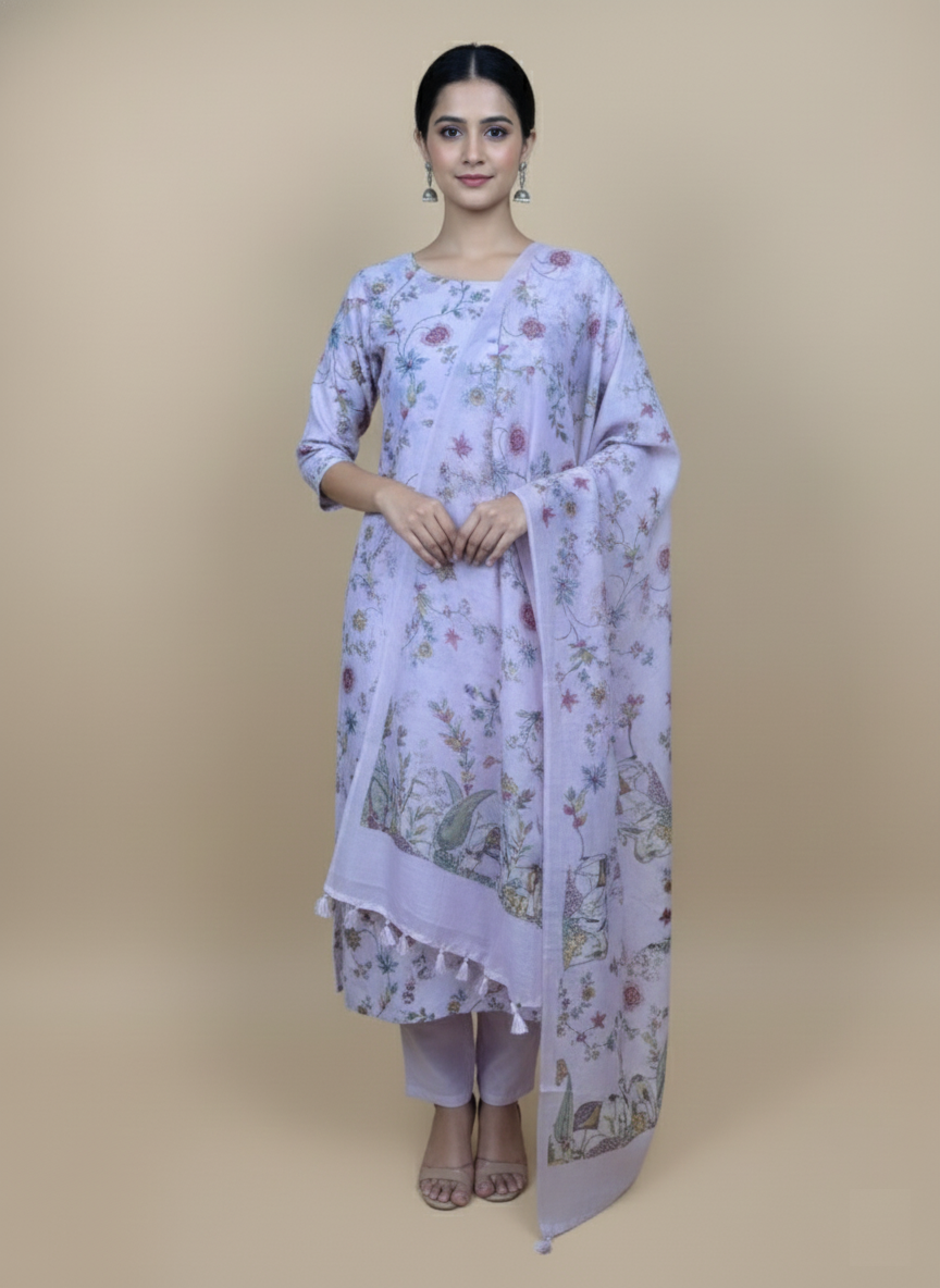 Pure Mulmul Chanderi Floral Printed Suit with Tassels