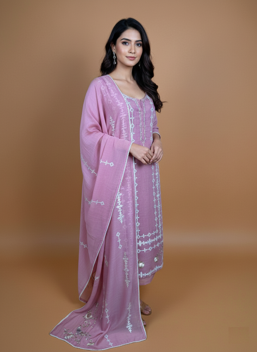 Pink Mulmul Chanderi Sequence Thread Embroidery Suit