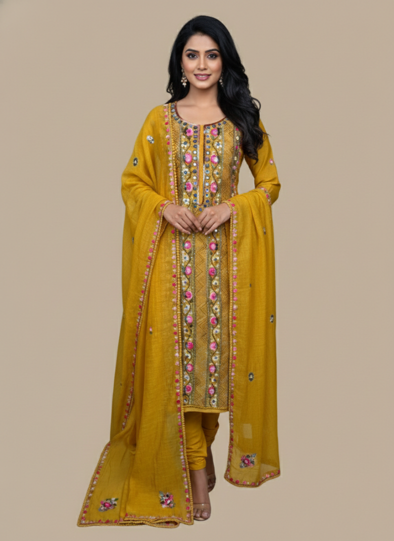 Pure Mulmul Chanderi with Kantha Hand Embroidery Suit