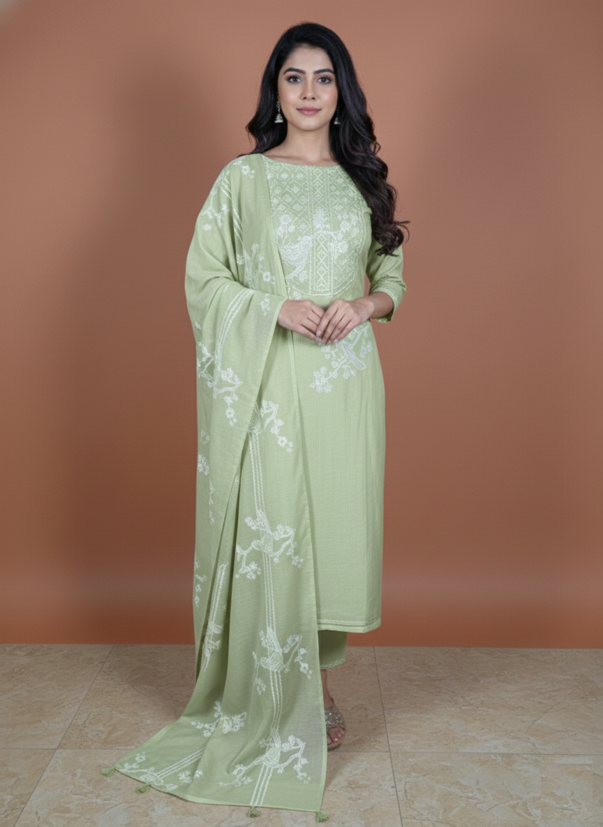 Pure Mulmul Chanderi with stripes and birds embroidery Suit