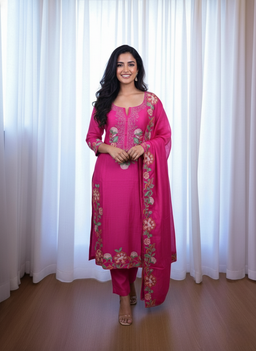 Mulmul Chanderi with Multi Colour Thread Embroidery Suit