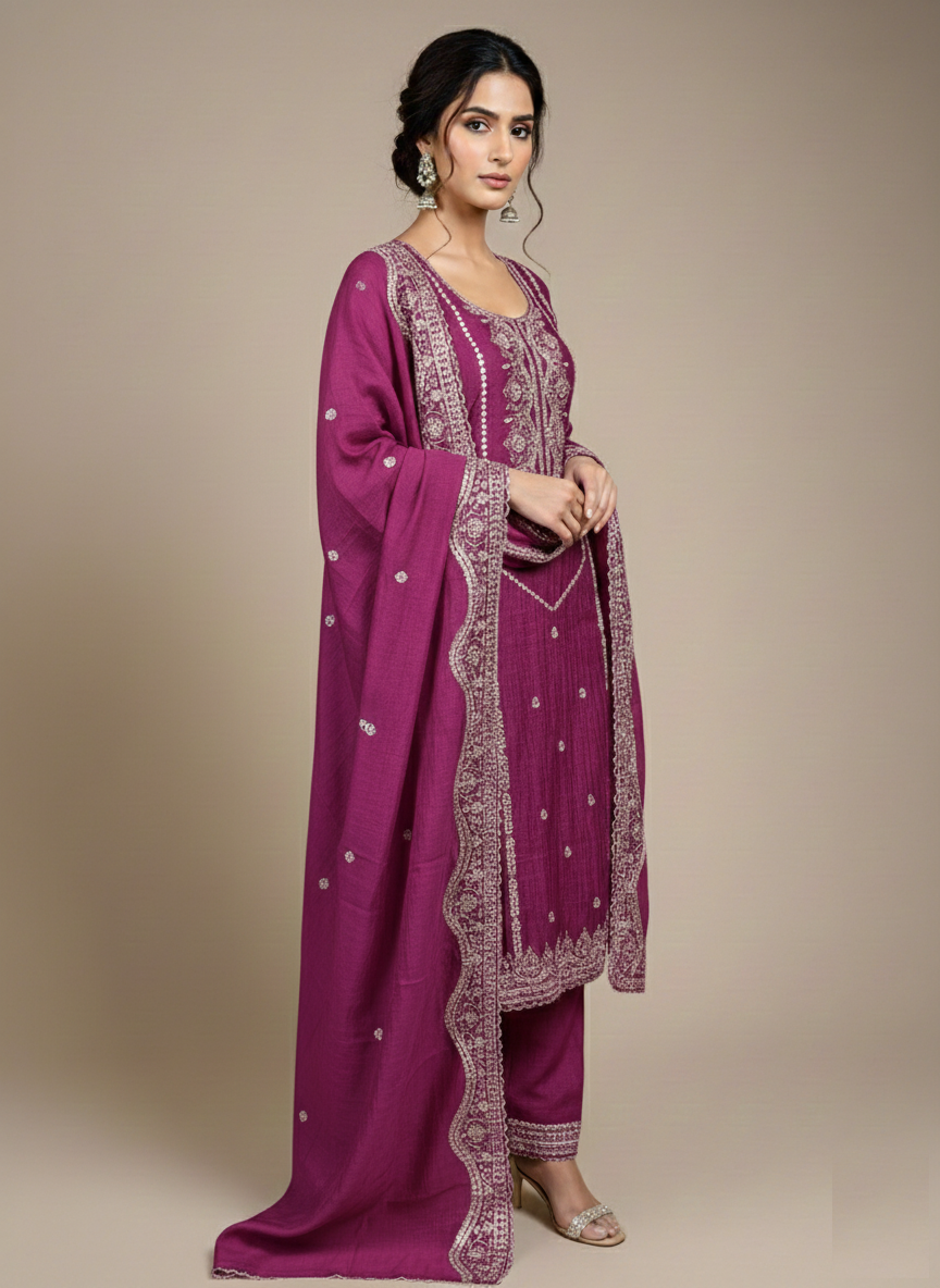 Mulmul Chanderi Sequins Embroidery Suit with Dupatta